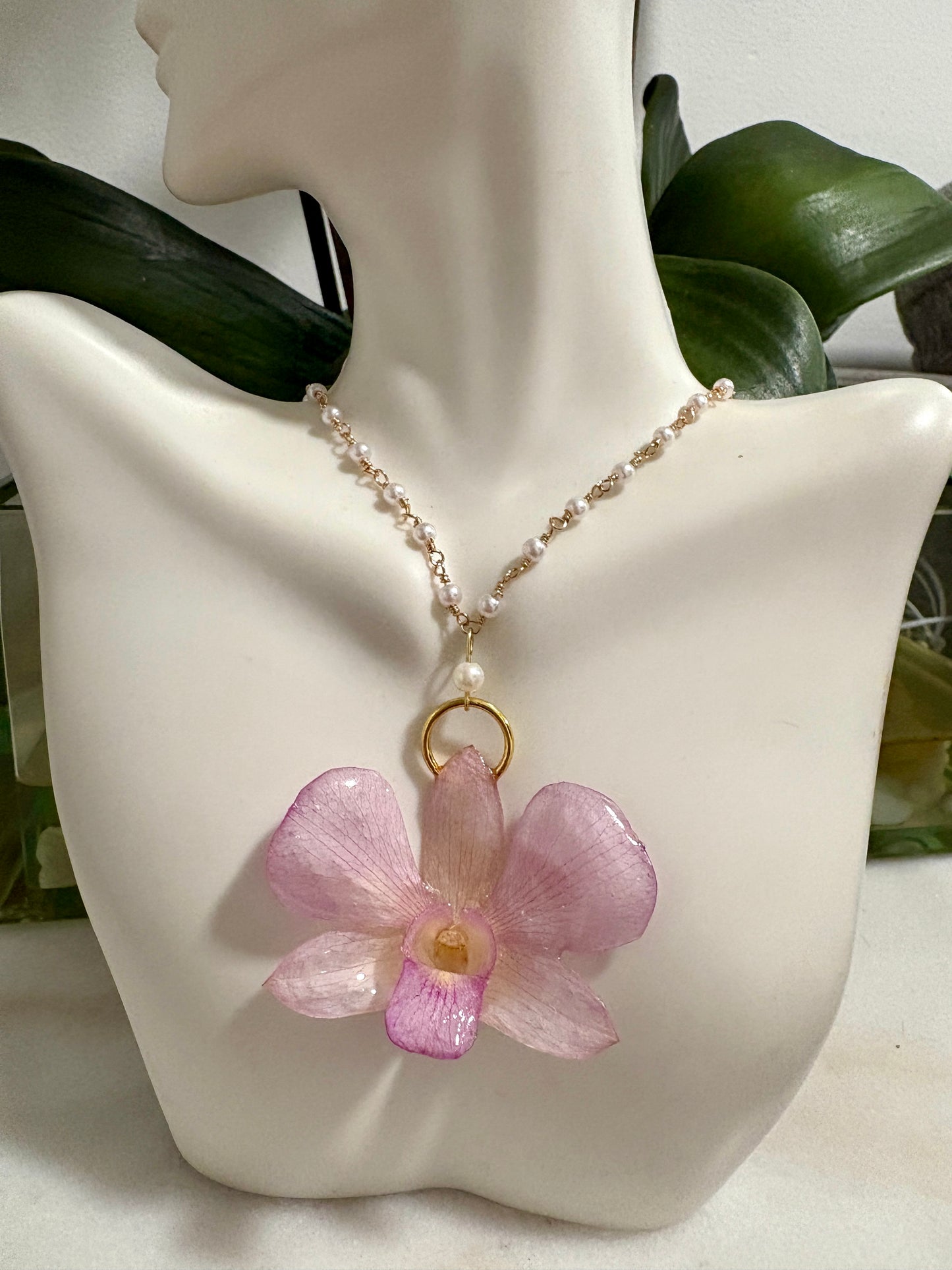 Pink Orchid & Pearls Necklace