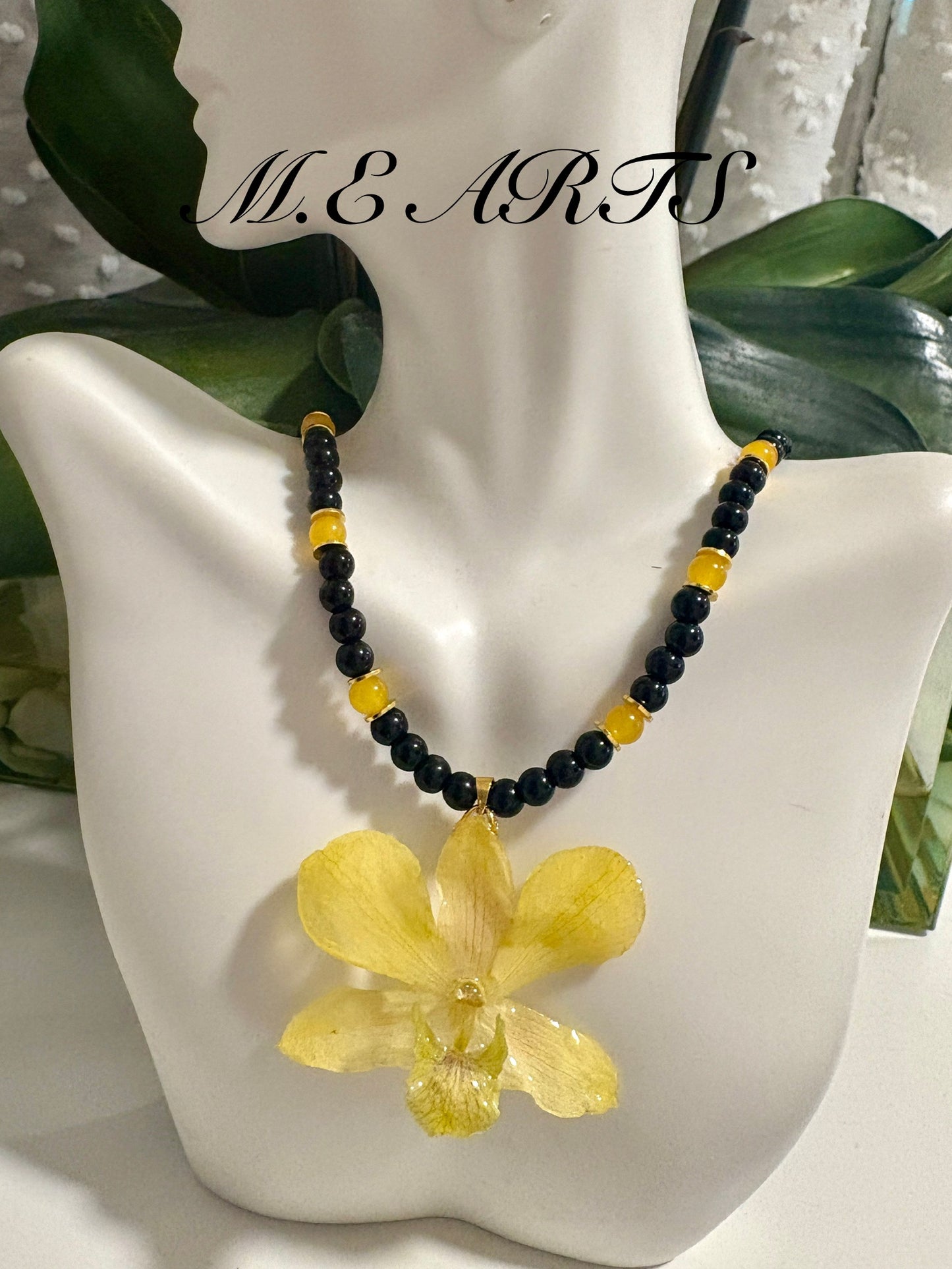 Yellow Orchid & Black Necklace