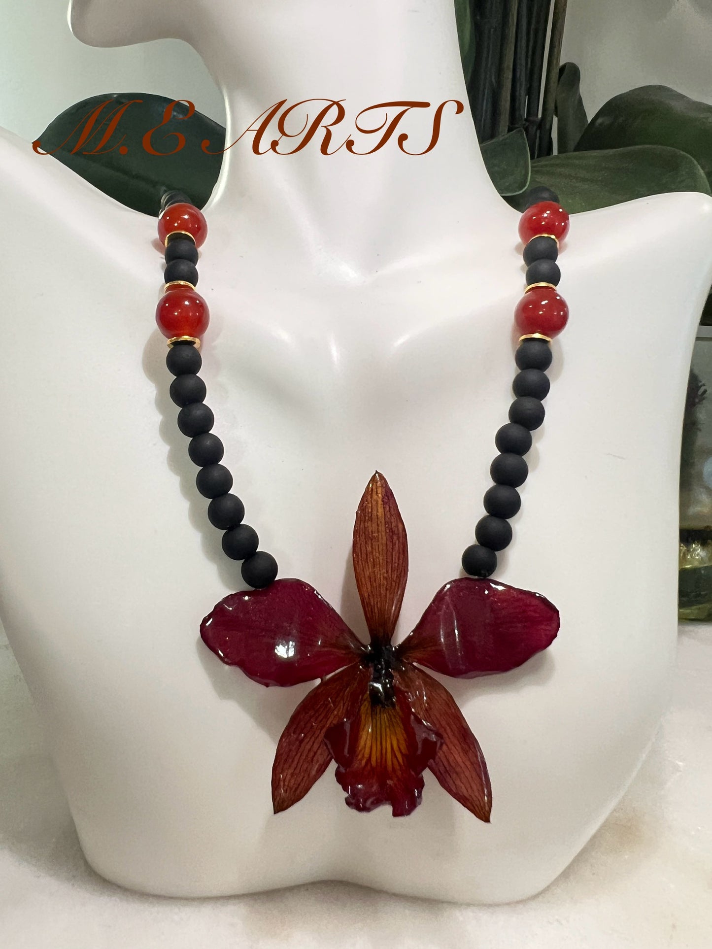 Redand Orange Orchid & Black Necklace