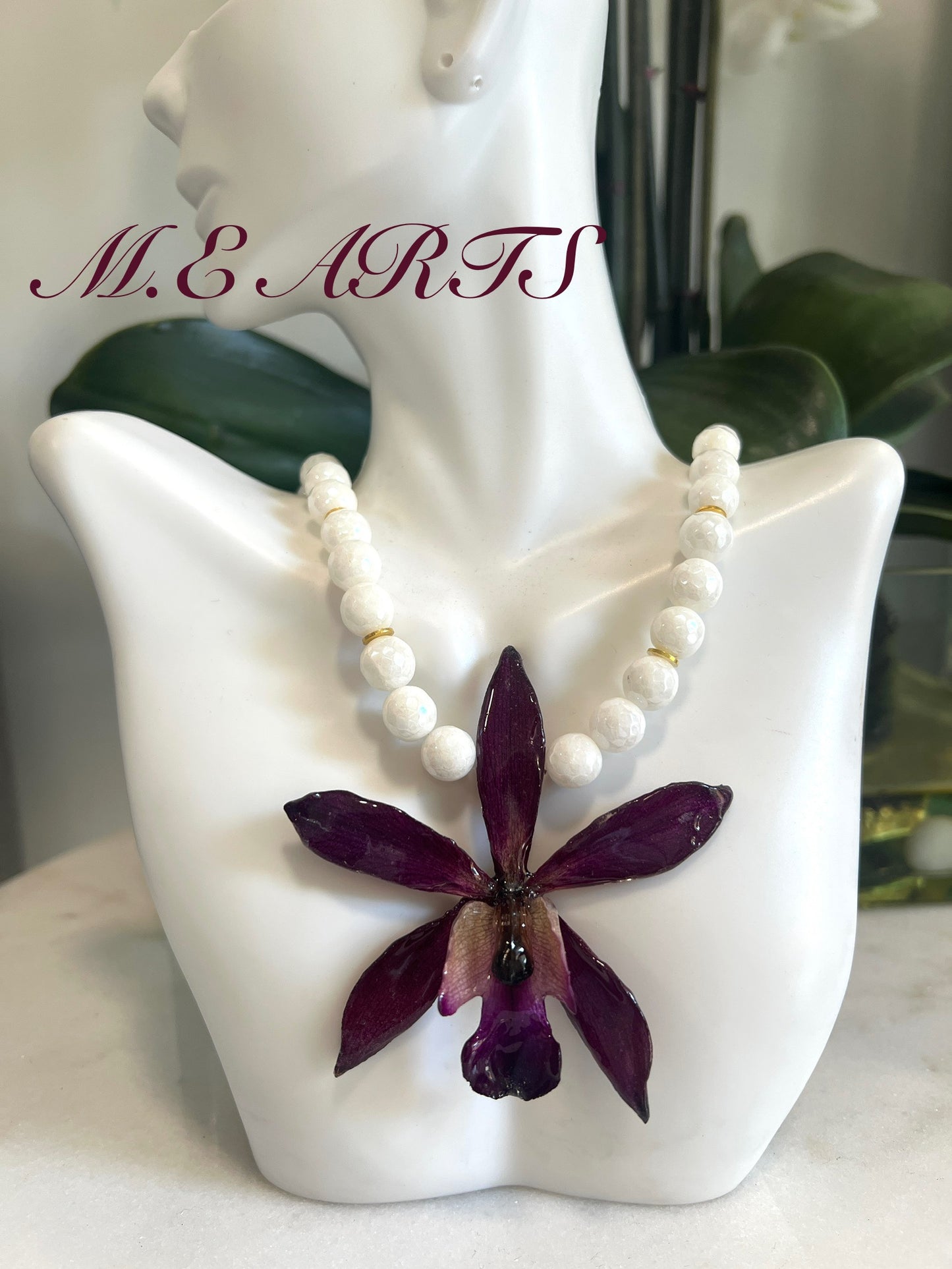 Burgundy Orchid & White Stones Necklace