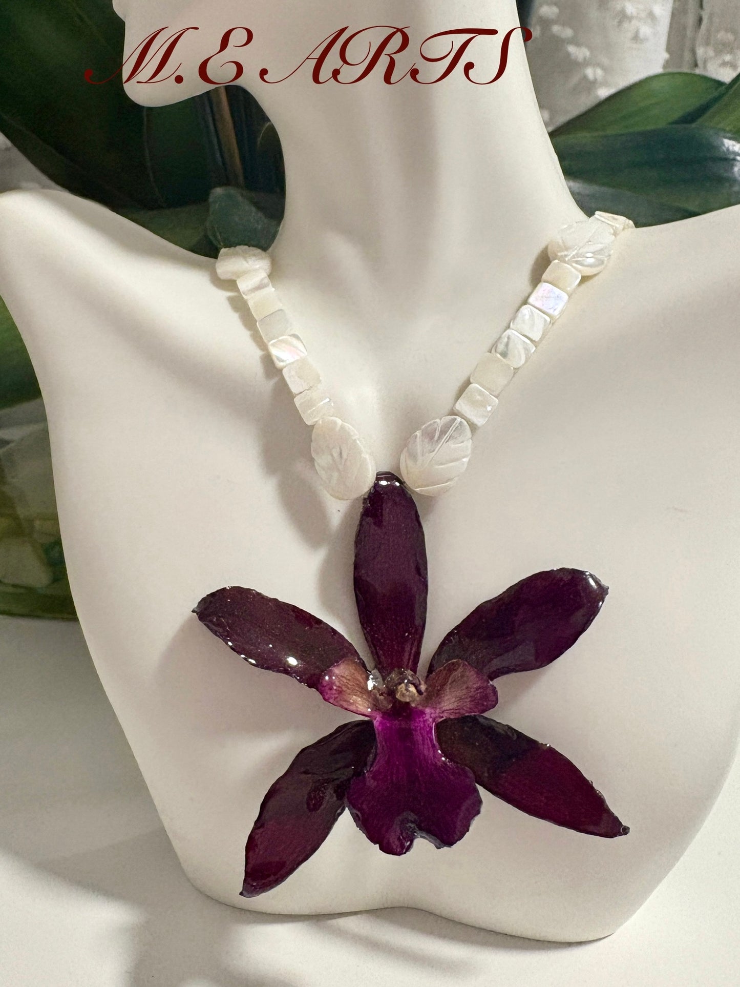 Burgundy Orchid & Mother-of-Pearl Necklace