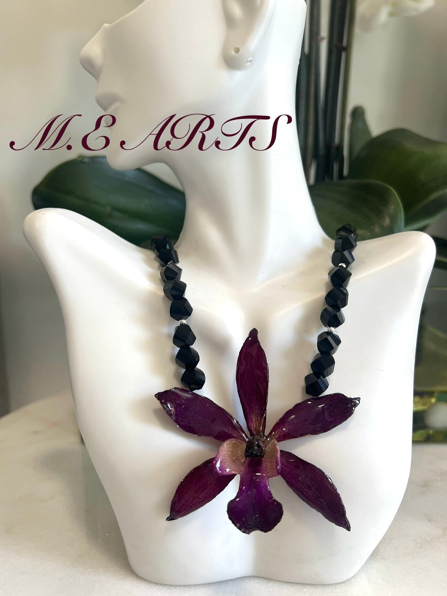 Burgundy Orchid & Black Stones Necklace