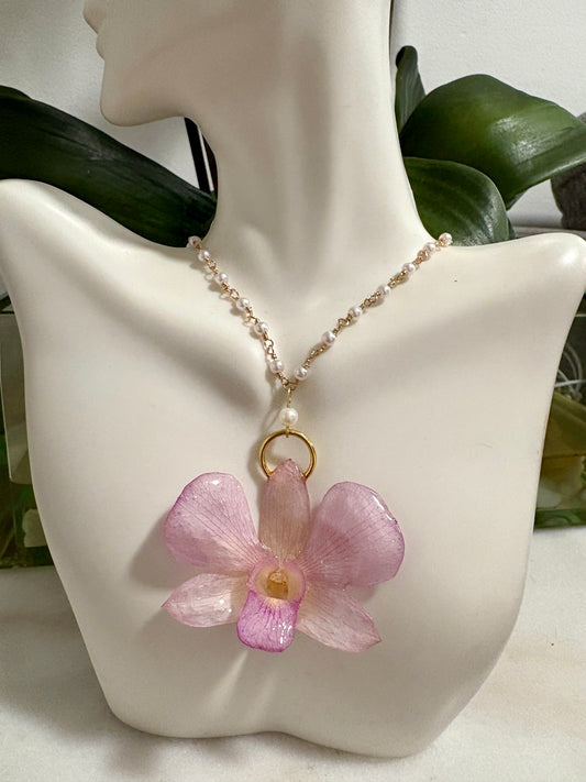 Pink Orchid & Pearls Necklace