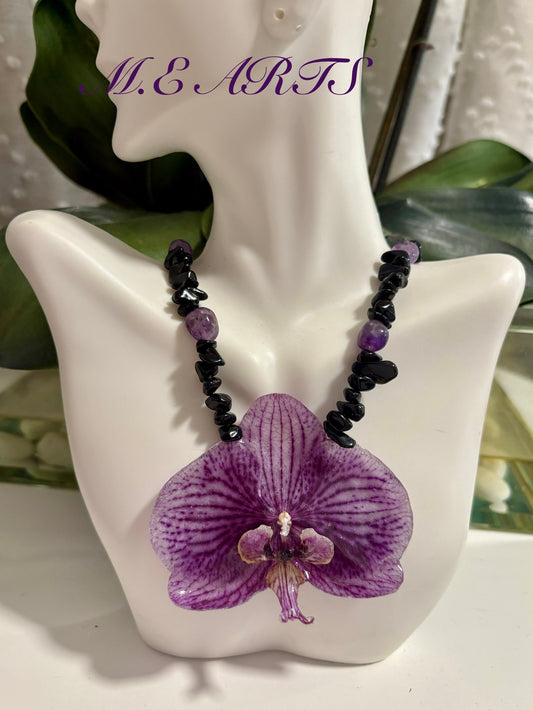 Phalaenopsis Purple Orchid & Obsidian Stone Necklace