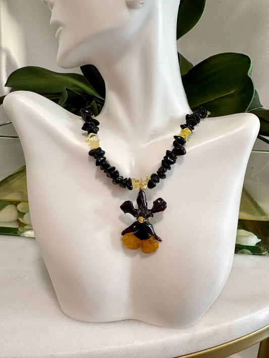 Mini Orchid Black and Yellow & Obsidian/Citrine Stones Necklace