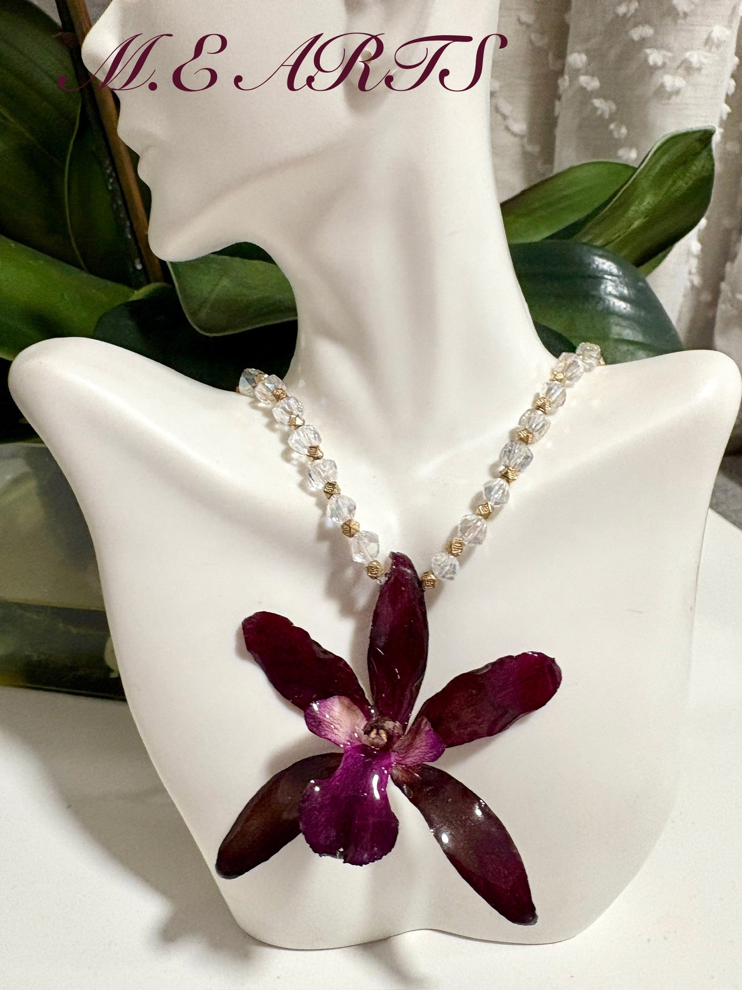 Burgundy Orchid & Crystals Necklace