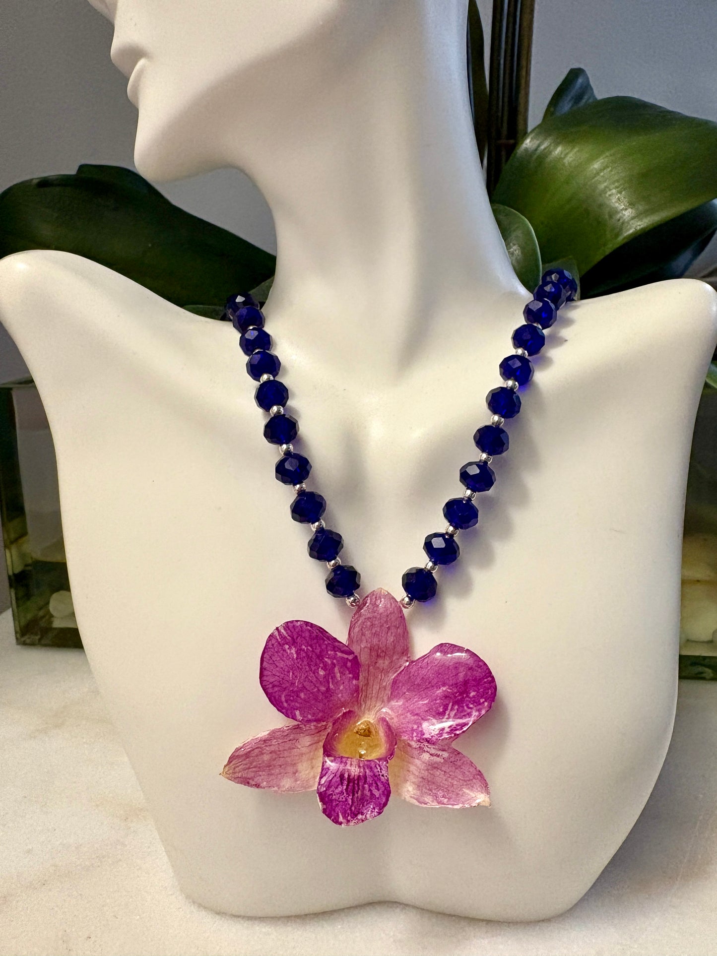 Pink Orchid & Blue Beads Necklace