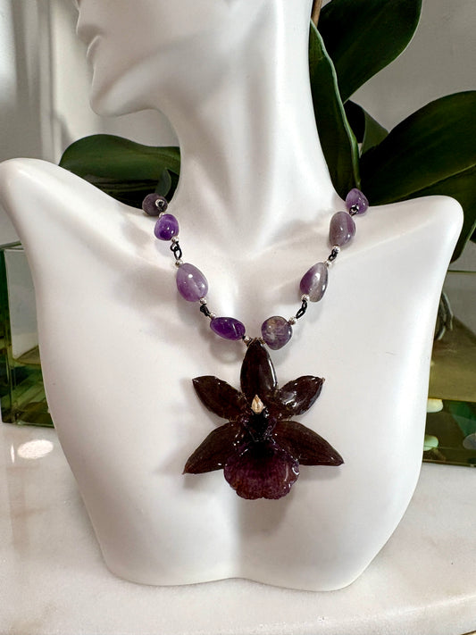 Exotic Brown Orchid Necklace & Amethyst Stones