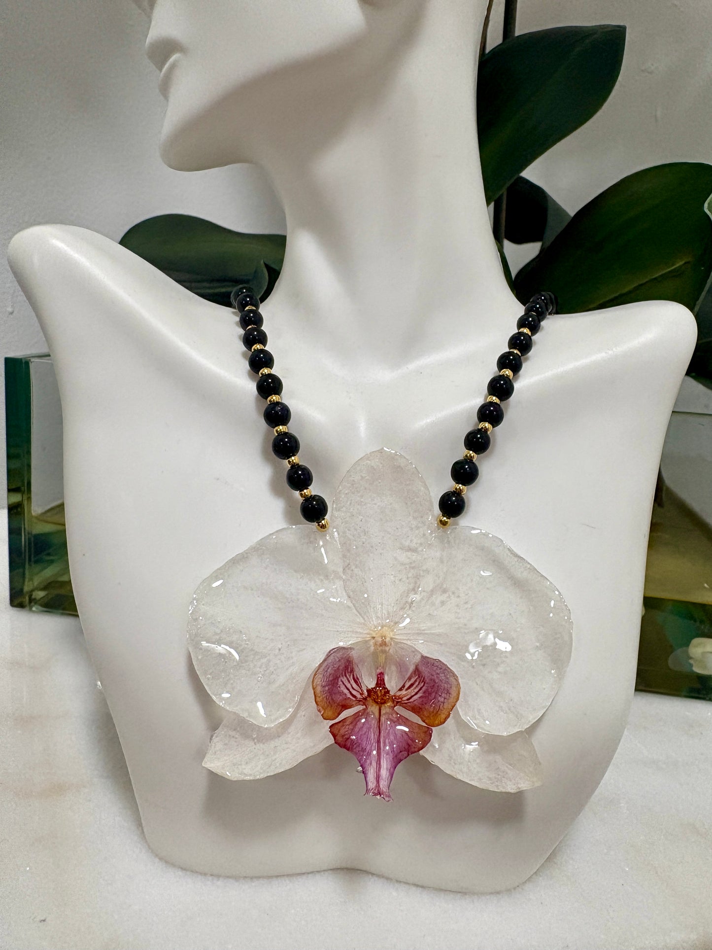 White Orchid & Obsidian Stone Necklace
