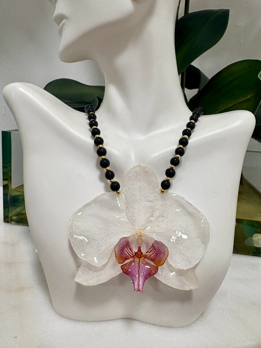 White Orchid & Obsidian Stone Necklace