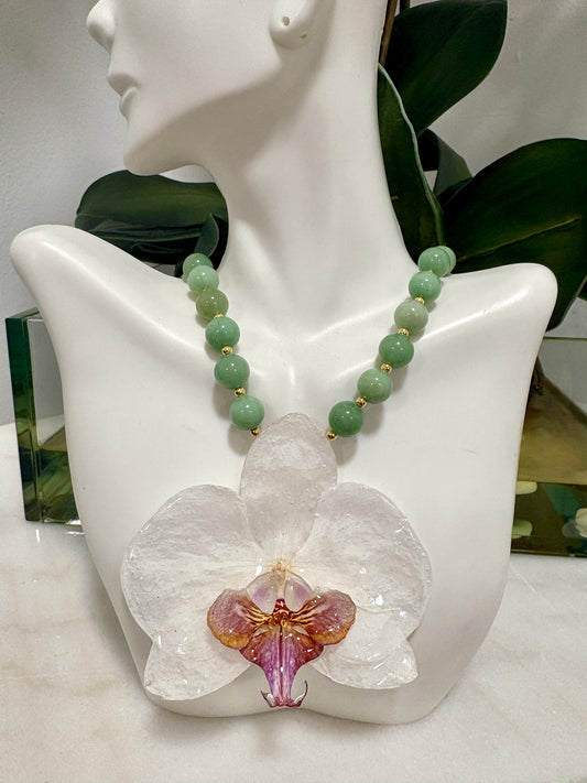 White Orchid & Jade Stones Necklace
